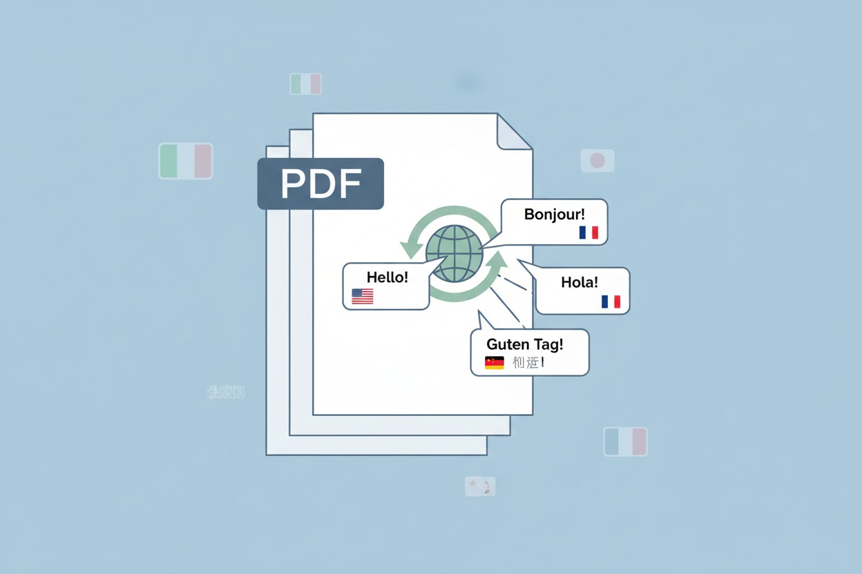 Un icono de un documento PDF con burbujas de diálogo que muestran saludos en varios idiomas alrededor de un globo terráqueo.